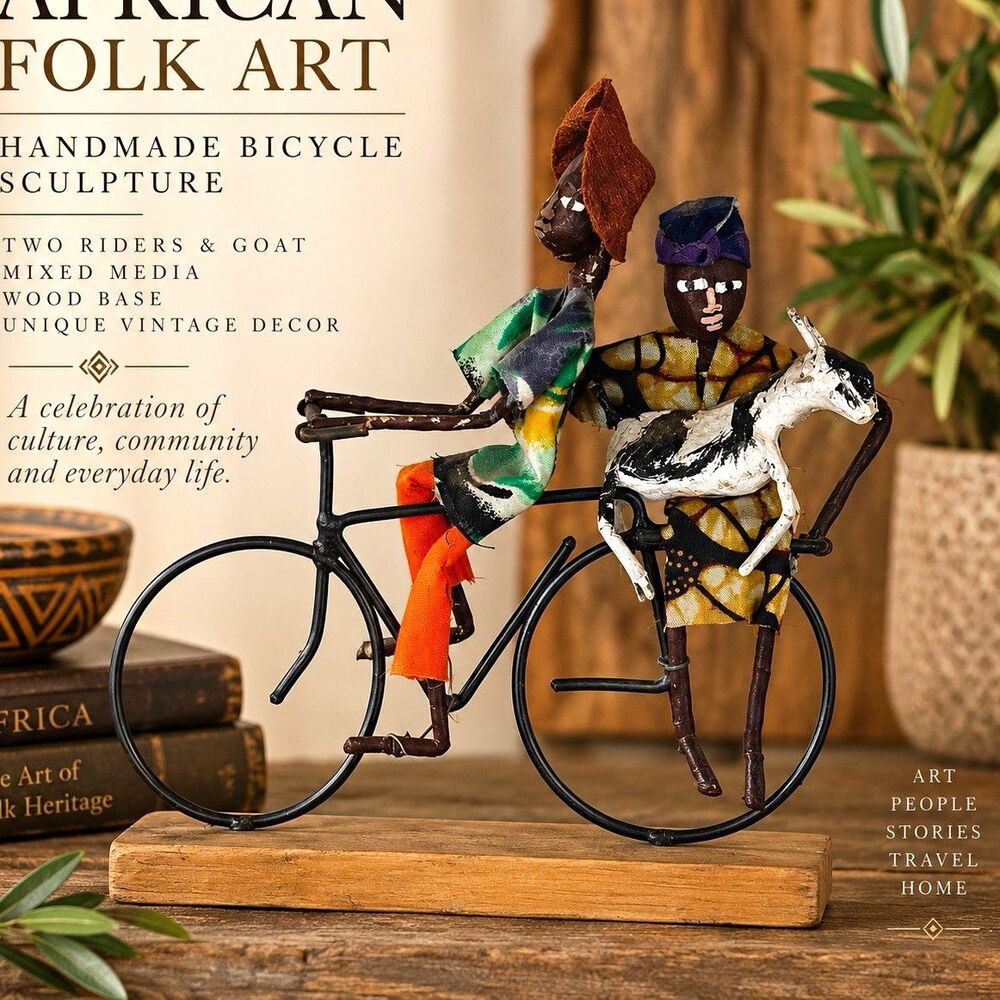 Vintage African Folk Art Bicycle Sculptureee 2 Riders Goat Wire Mixed Media Wood